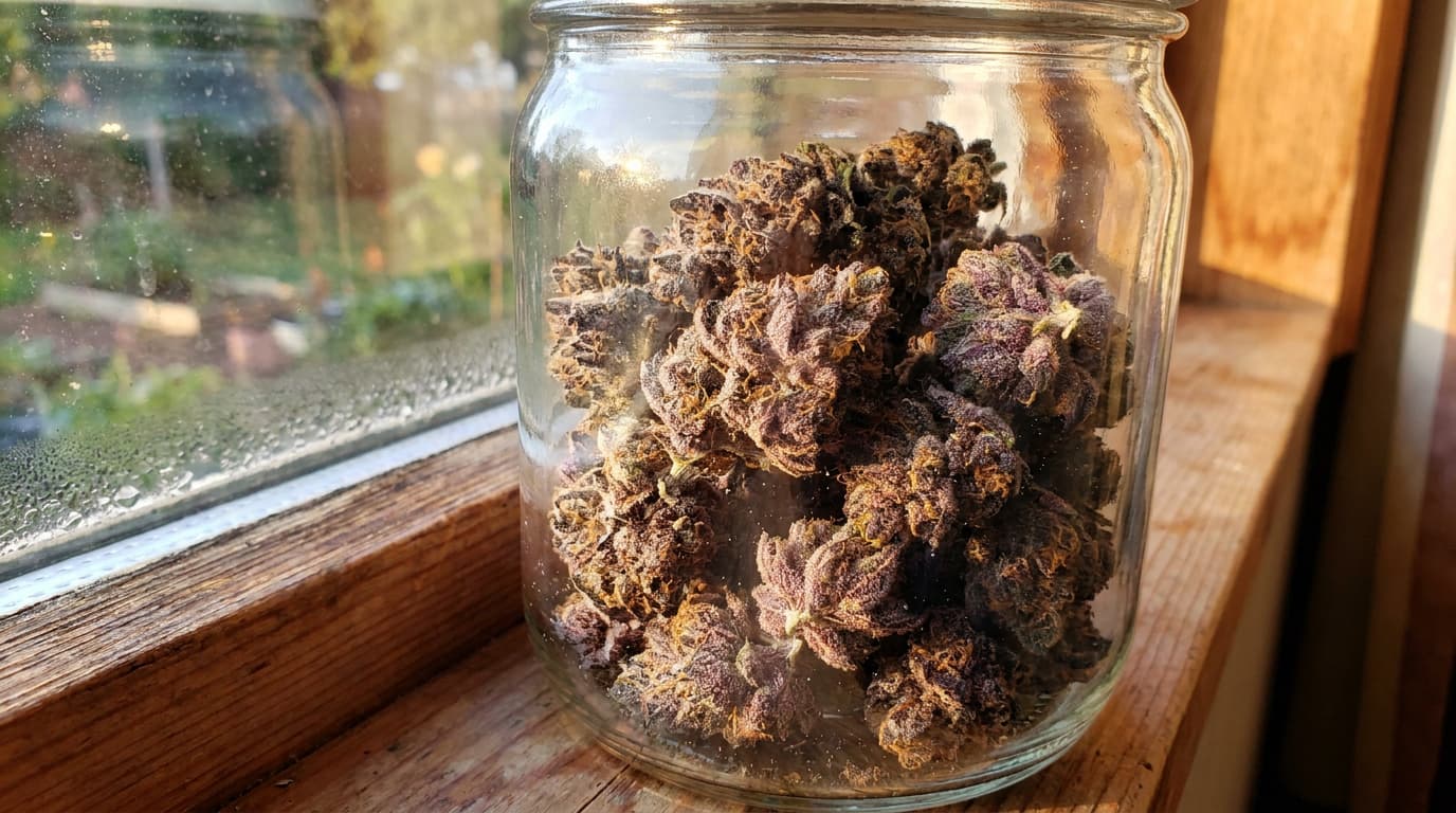 purple thai haze buds in glass jar with lavender highlights and glistening trichomes in sunlight