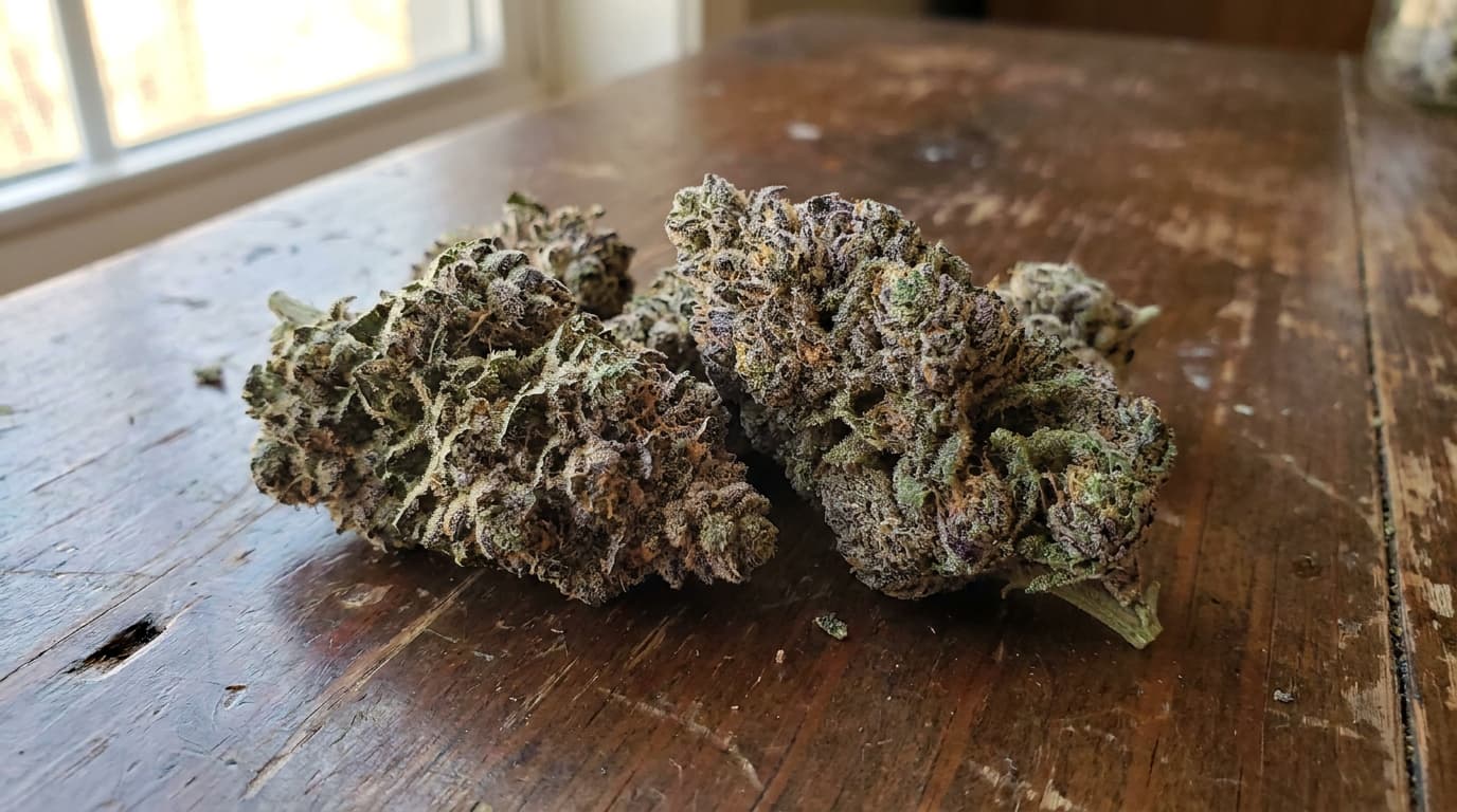 purple thai buds on wooden table with lavender tones and glistening trichomes under soft light
