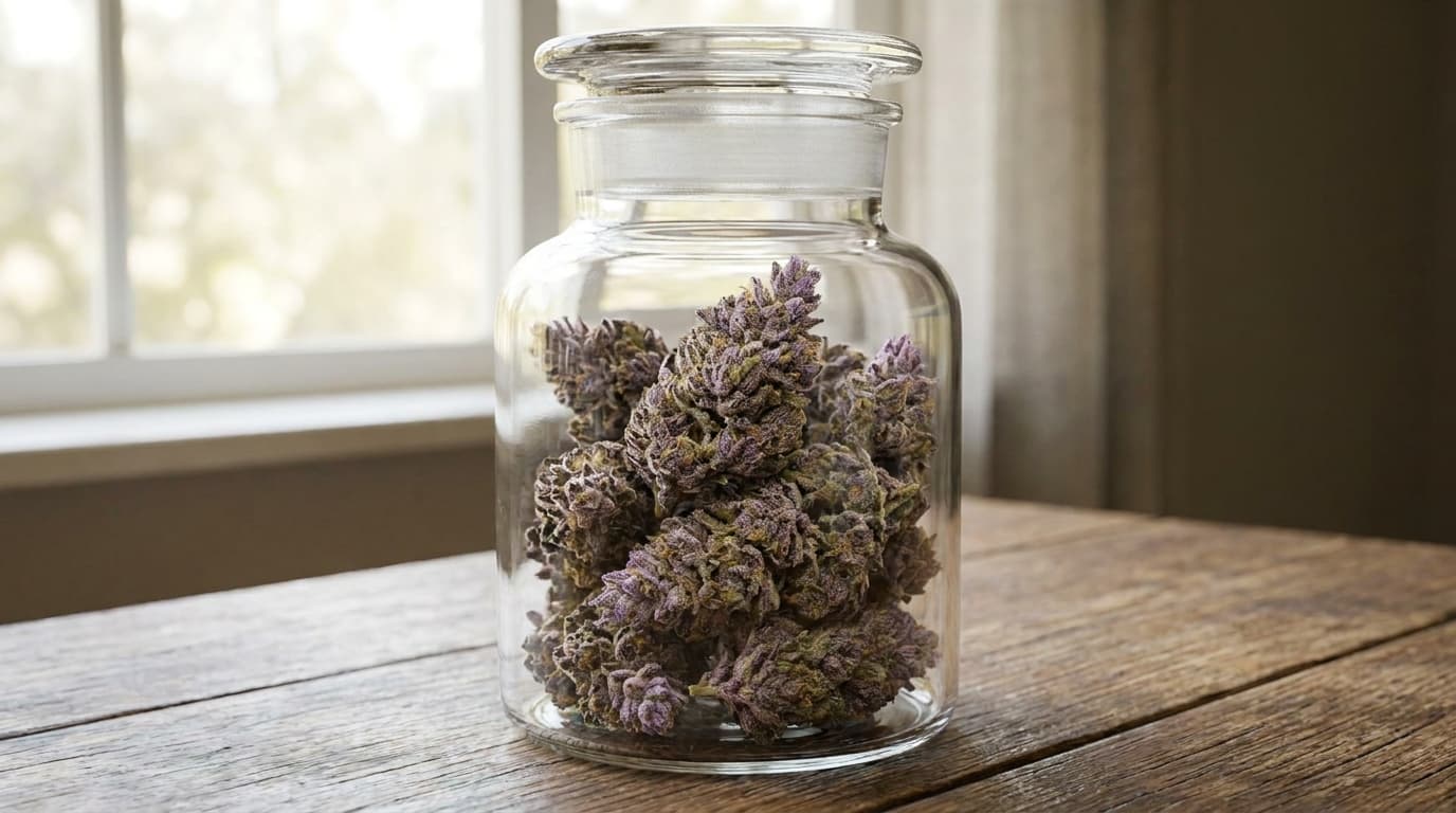 purple trainwreck buds in glass jar showing lavender tips and deep purple shades in soft light