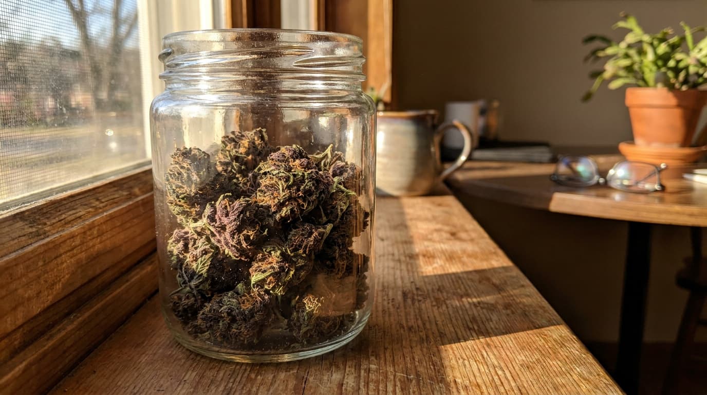 purple urkle buds in glass jar showing heavy purple color and leafy textures with sunlight