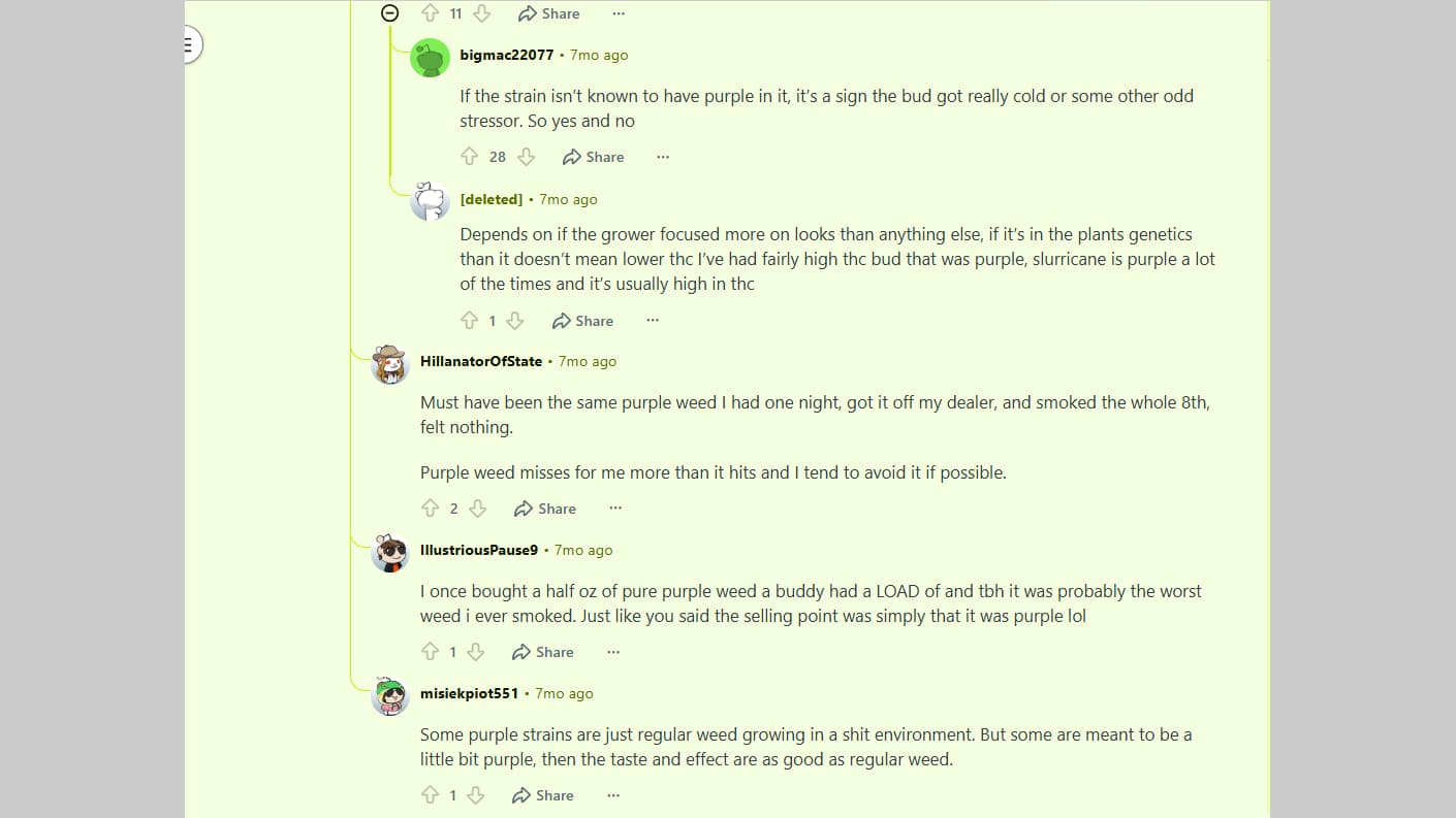 screenshot of a reddit thread discussing purple weed strains and users sharing their personal experiences