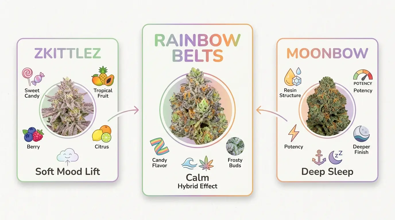 rainbow belts genetics flowchart showing zkitttlez moonbow and hybrid strain traits