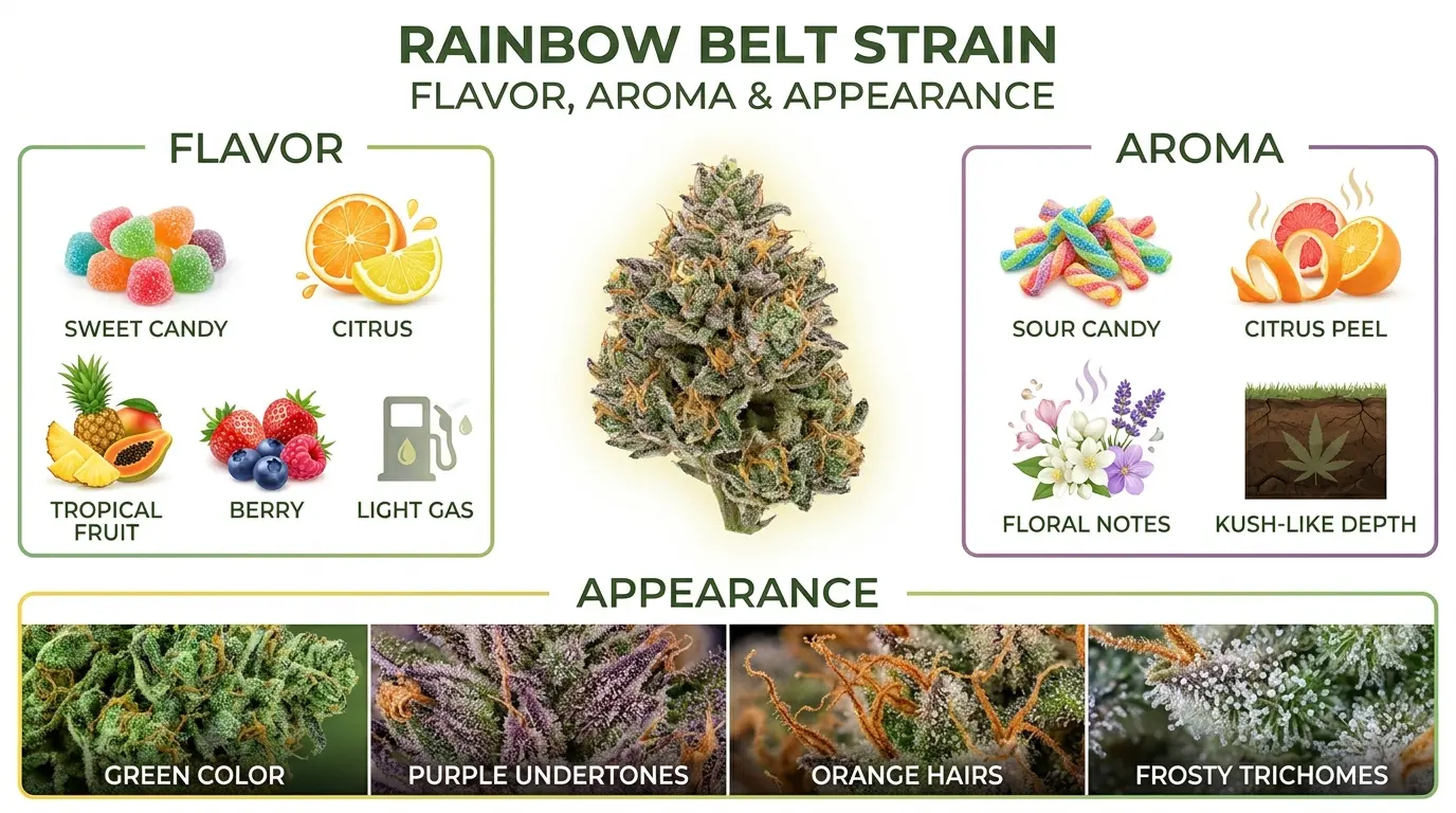 rainbow belts infographic showing flavor aroma and appearance with candy citrus and frosty bud details