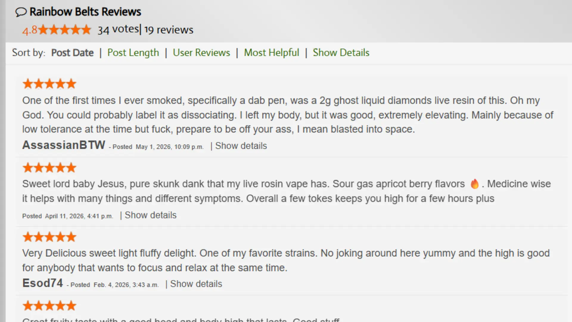 rainbow belts reviews page showing star rating user feedback and comments on flavor effects and potency. (1)