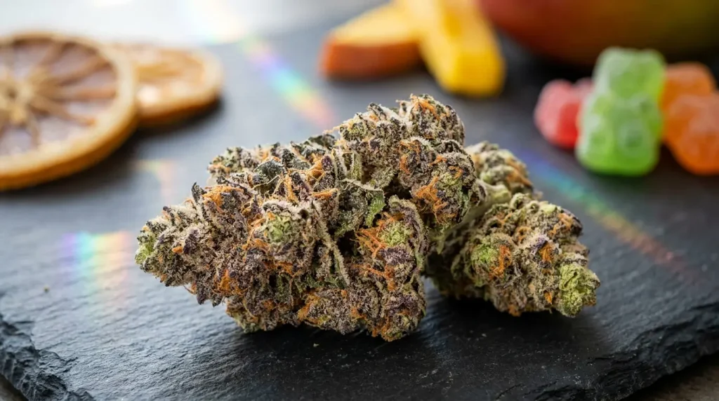rainbow belts strain buds with candy fruit accents and frosty trichomes on a dark surface