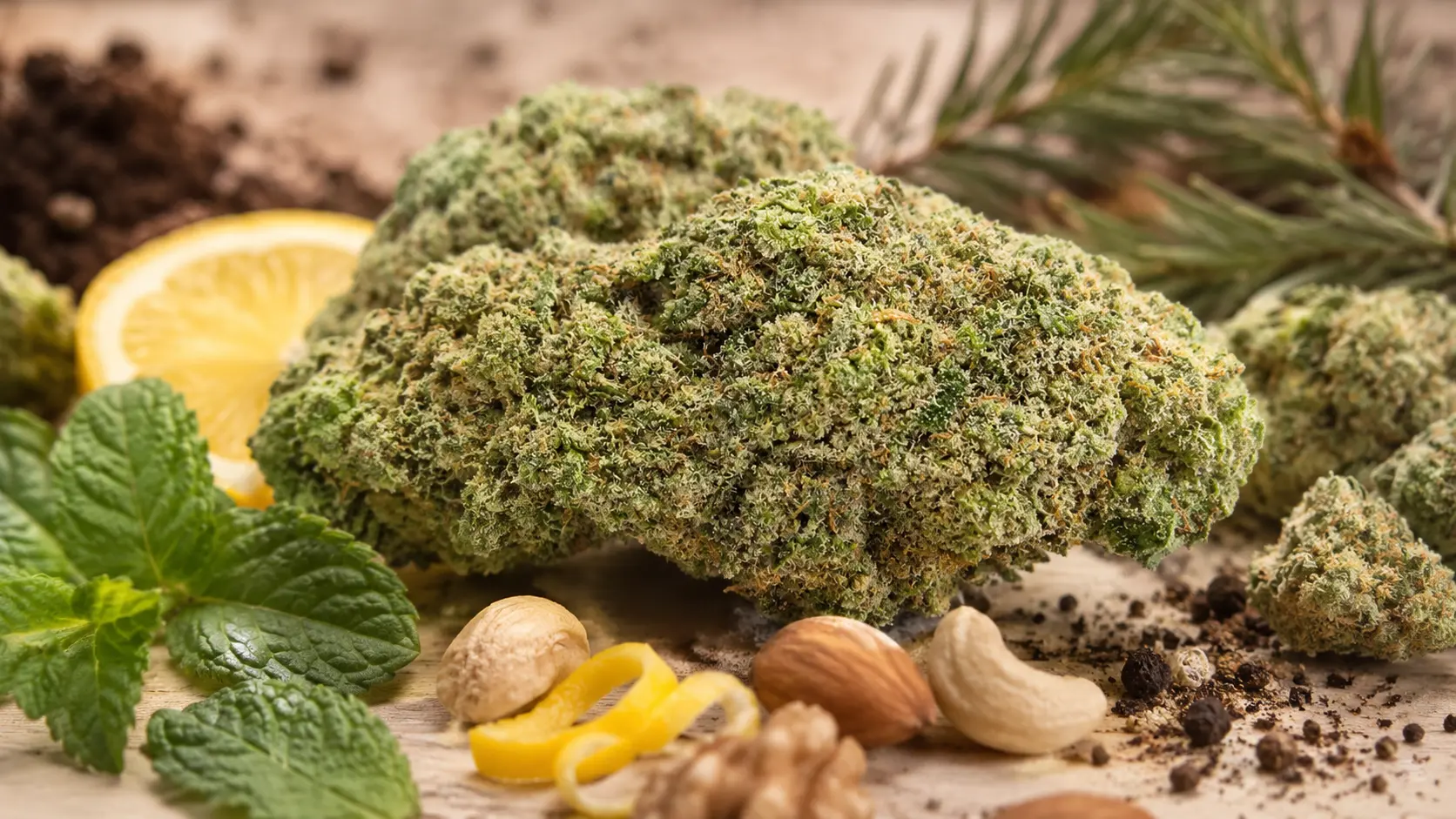 realistic animal face cannabis bud on wooden surface with mint leaves, lemon peel, nuts, pine sprigs, and peppercorns
