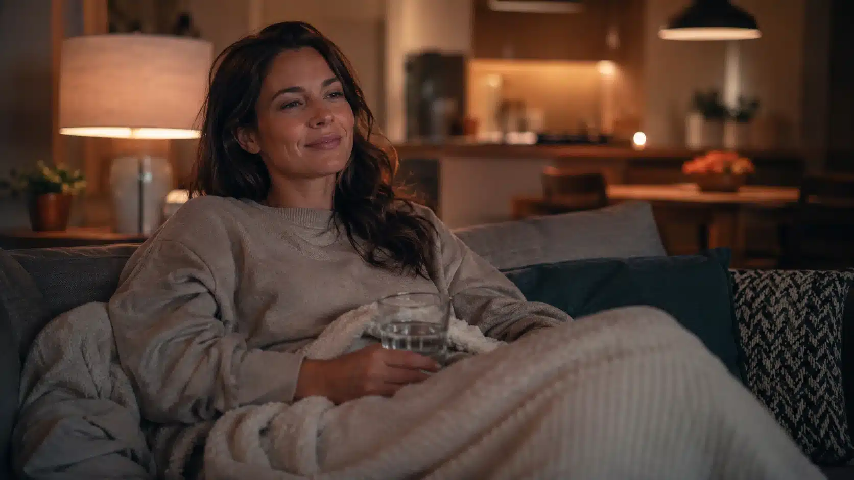 relaxed adult woman rests on a couch with blanket and water, showing calm cannabis effects in a warm evening room