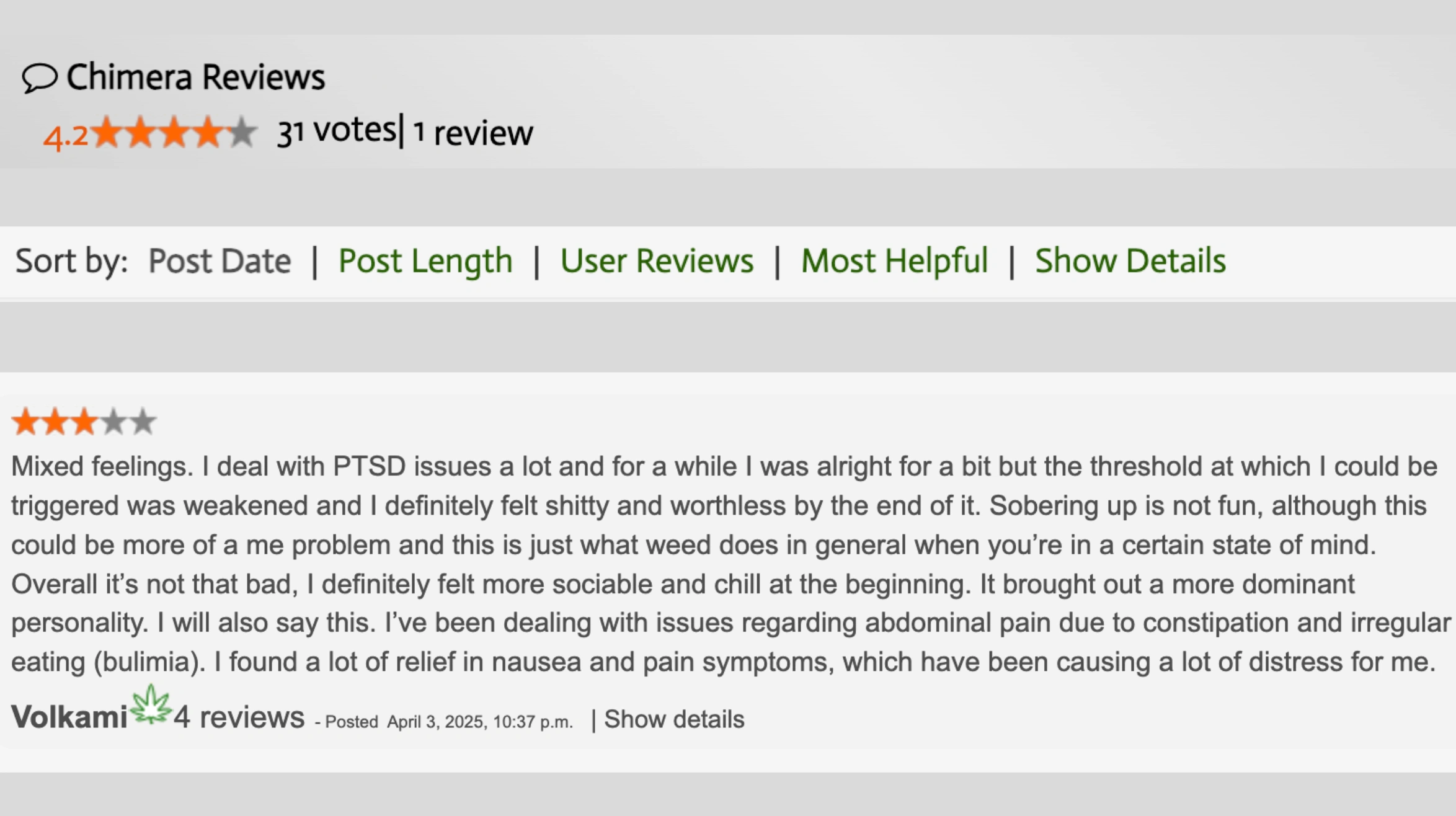 screenshot of allbud chimera review showing 4.2 rating, 31 votes, and a user report on effects and relief