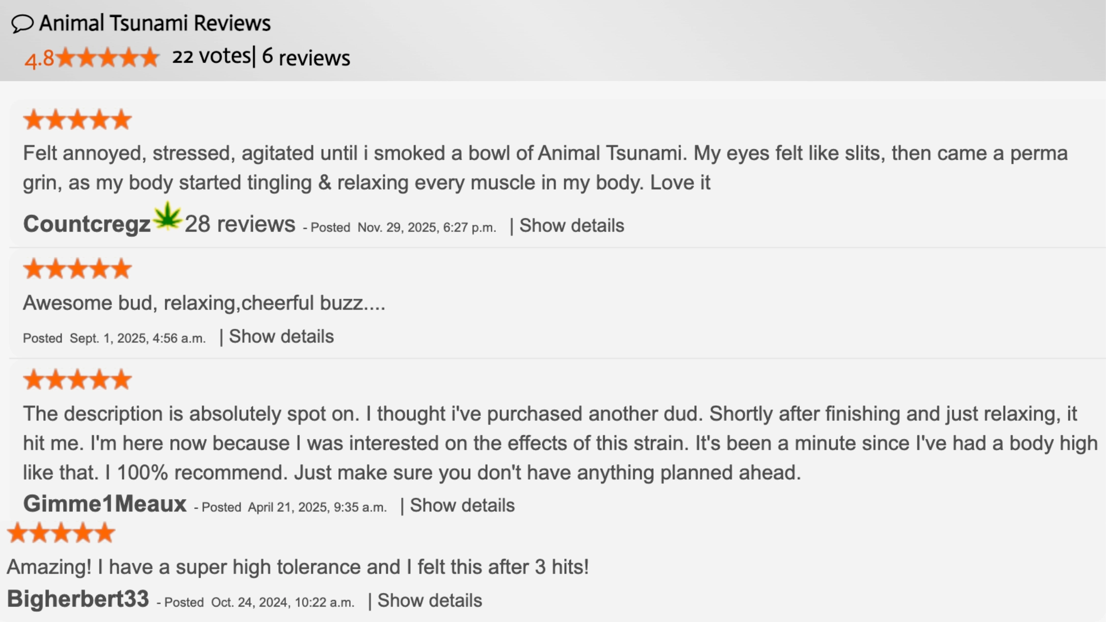 screenshot of animal tsunami reviews showing 4.8 rating, six reviews, and users describing highly relaxing body effects