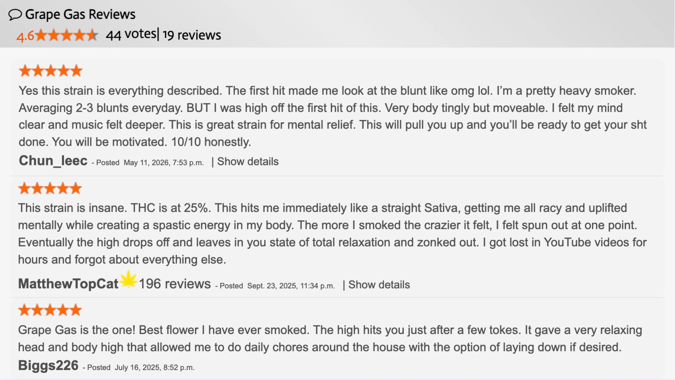 screenshot of grape gas reviews showing a 4.6 rating, 44 votes, 19 reviews, and user comments about effects