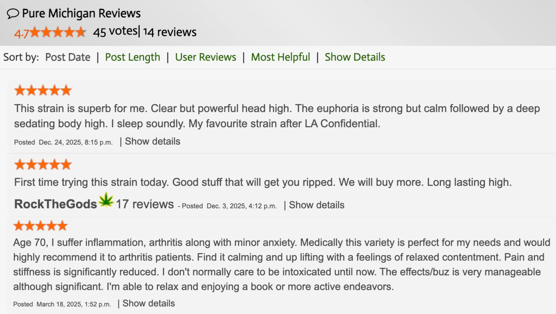 screenshot of pure michigan reviews showing 4.7 rating, 45 votes, 14 reviews, and user comments about relaxing effects