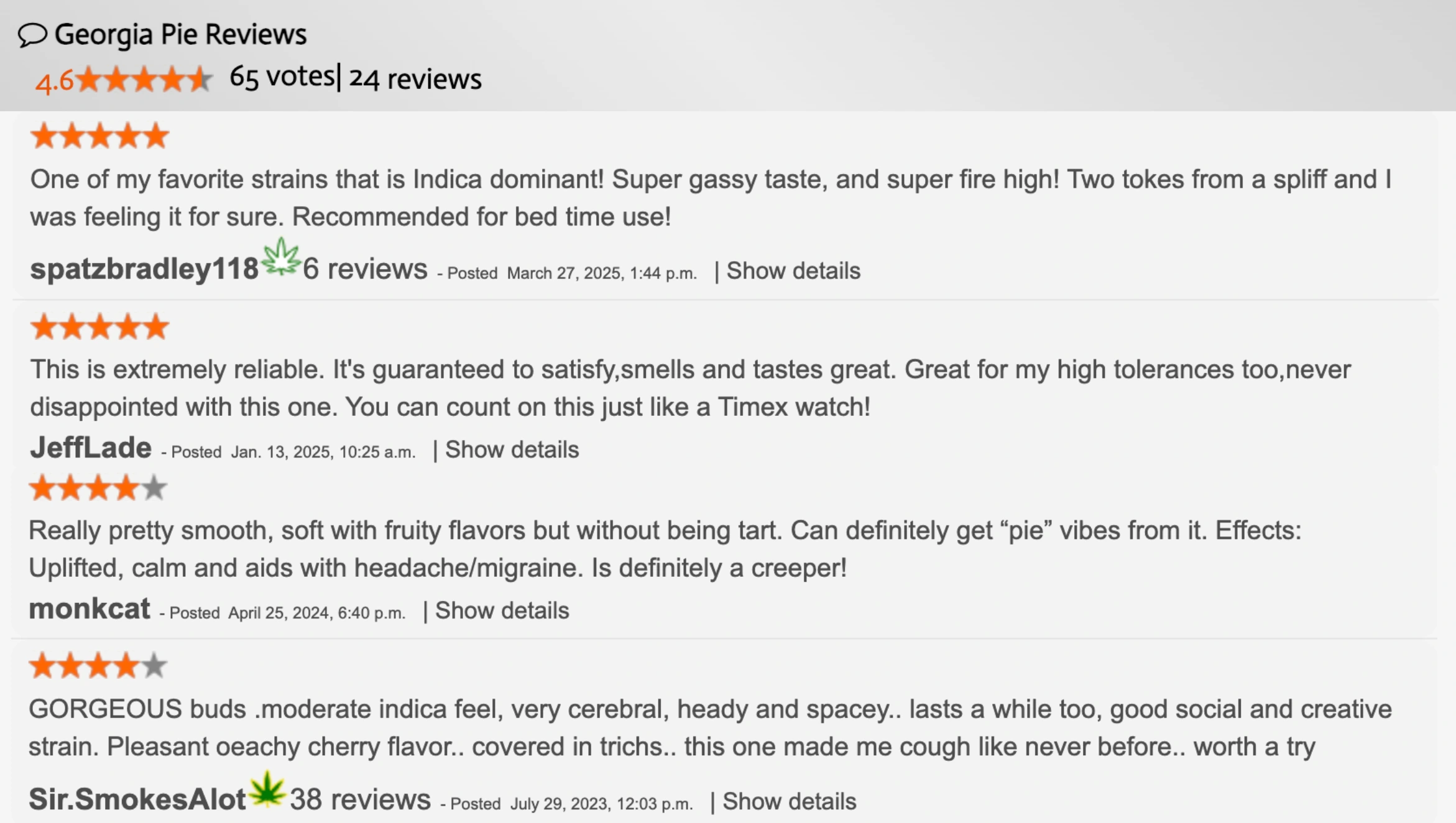 screenshot showing georgia pie reviews with 4.6 rating, user comments, star ratings, flavor notes, and indica effects
