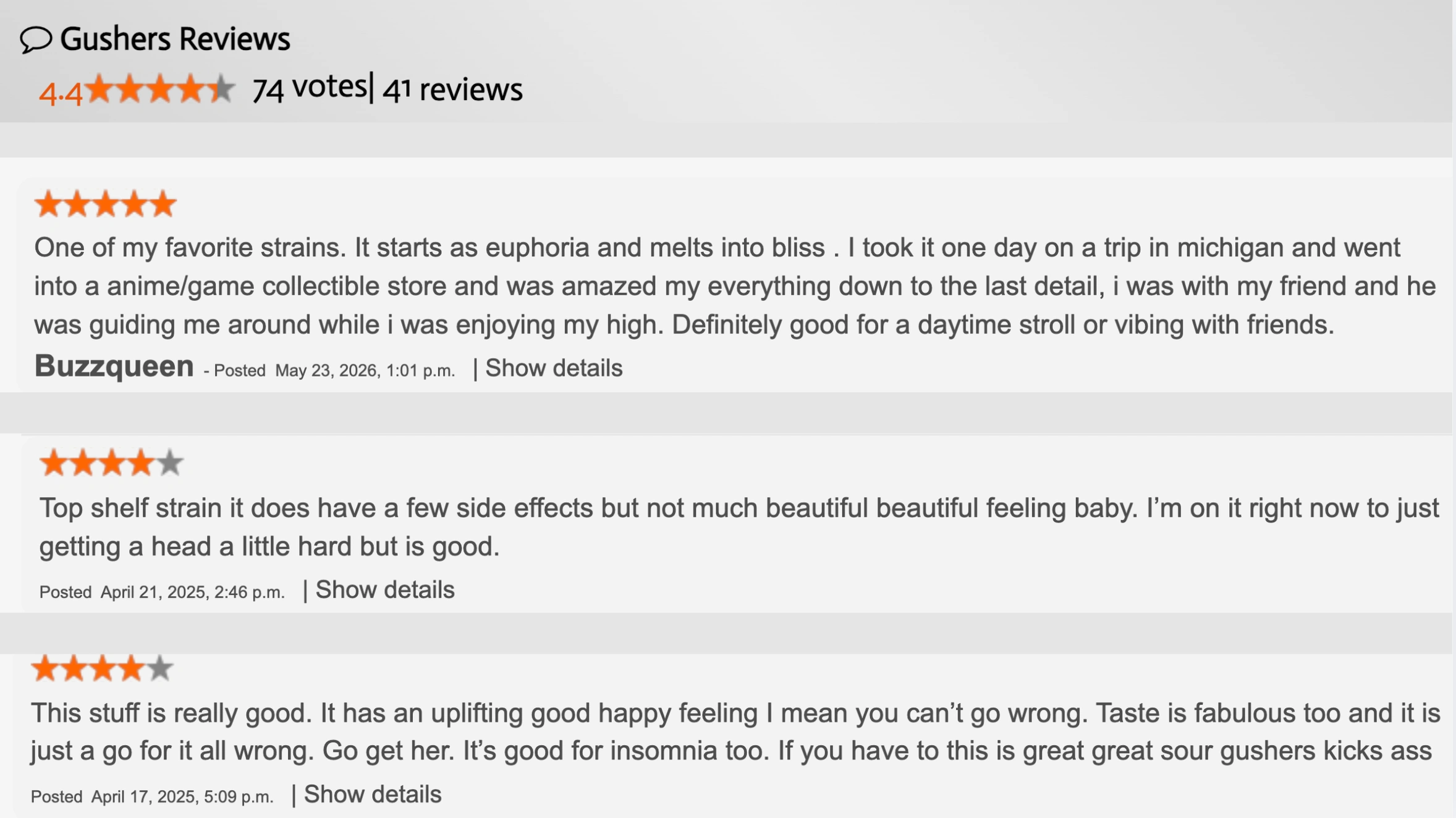 screenshot showing gushers strain reviews with a 4.4 rating, 74 votes, 41 reviews, and user comments about effects