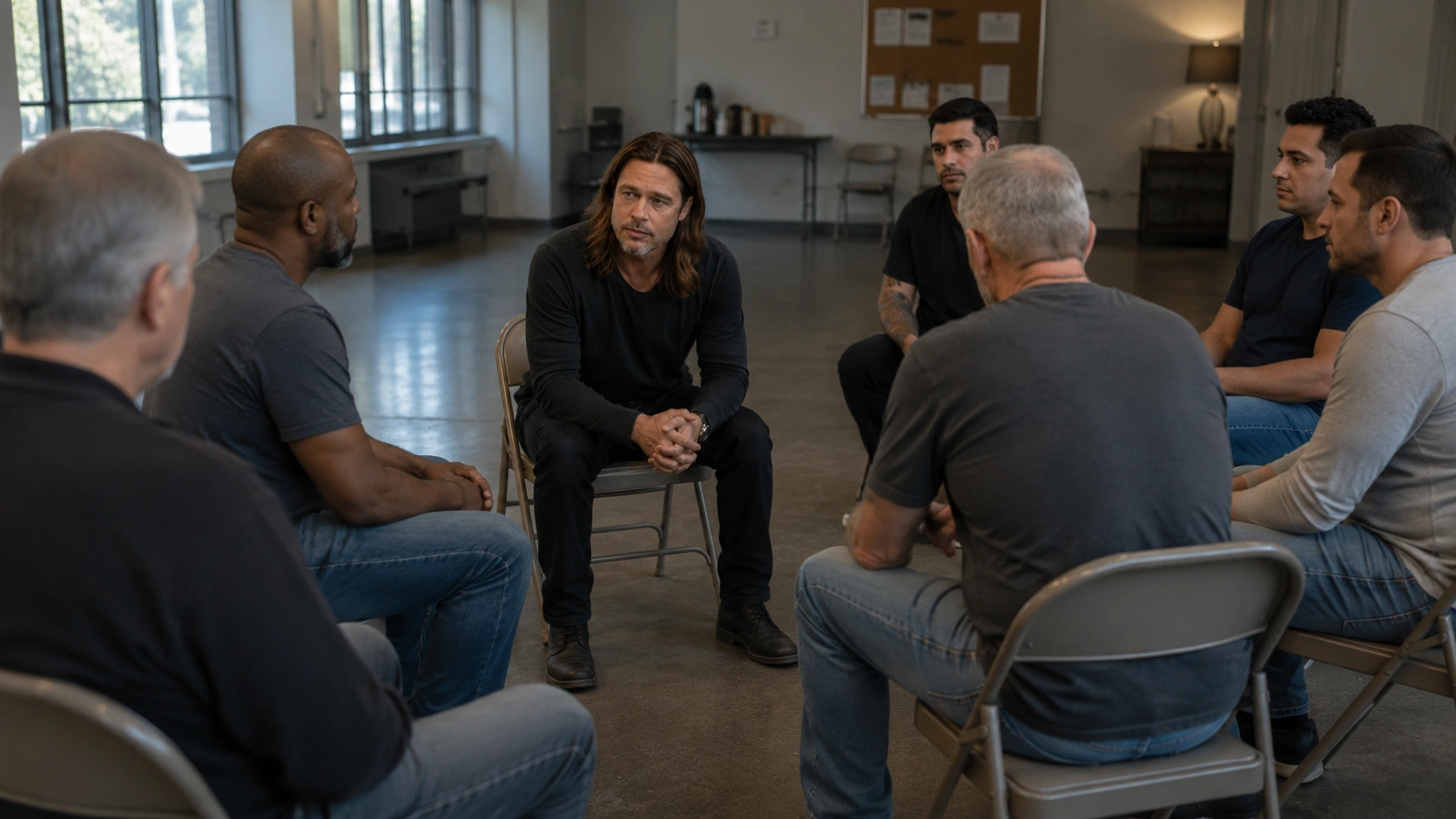 serious man sits in a circle at an alcohol recovery support meeting with other men in a quiet room