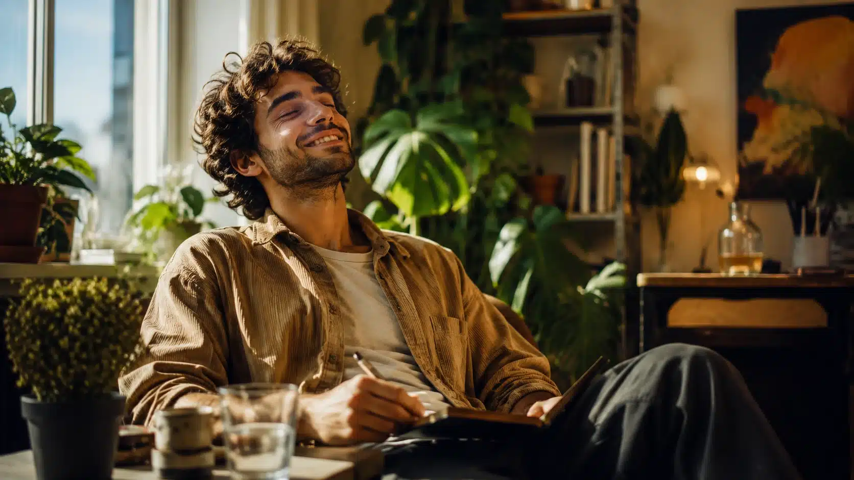 smiling man relaxing with notebook in warm sunlit room, showing calm focus and light body ease from cannabis effects