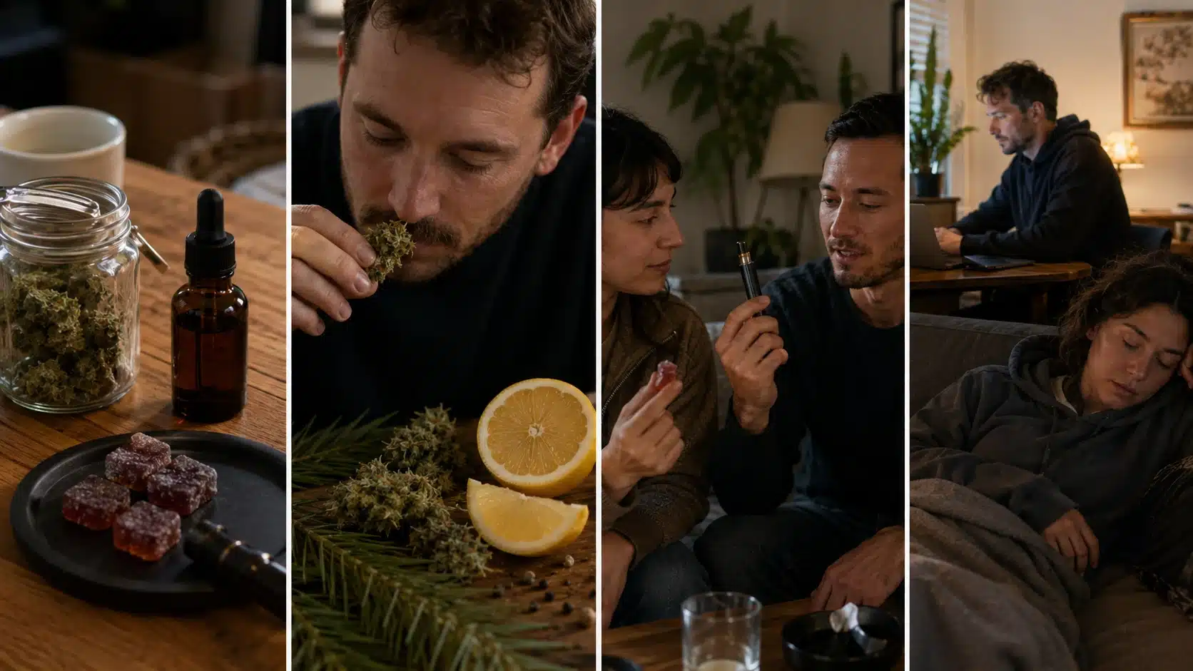 split cannabis lifestyle image showing product types, terpene cues, different use methods, and varied sativa reactions