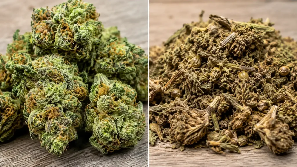 split image comparing frosty green good weed on left with dry brown reggie weed, seeds, stems, and loose fragments right