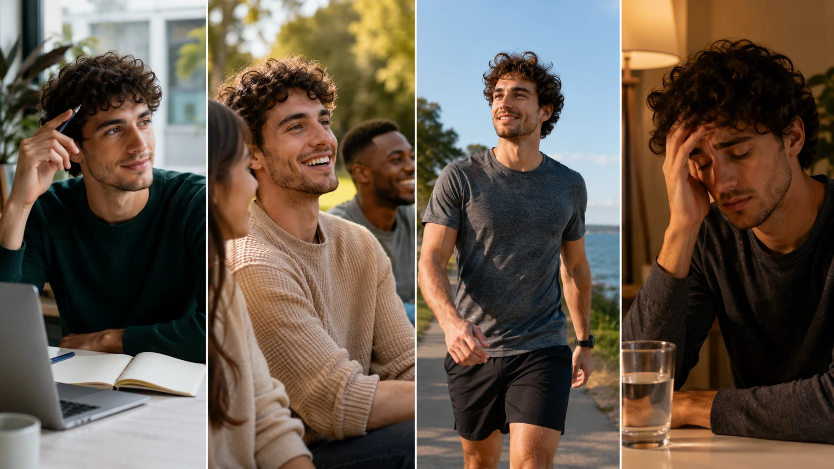 split image showing a man focused, social, active, and tired, representing sativa effects on mind, mood, and body