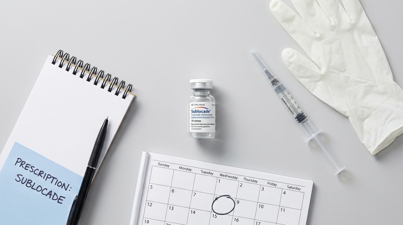 sublocade bottle and injection arranged on a clean medical flat lay with calendar clipboard and gloves
