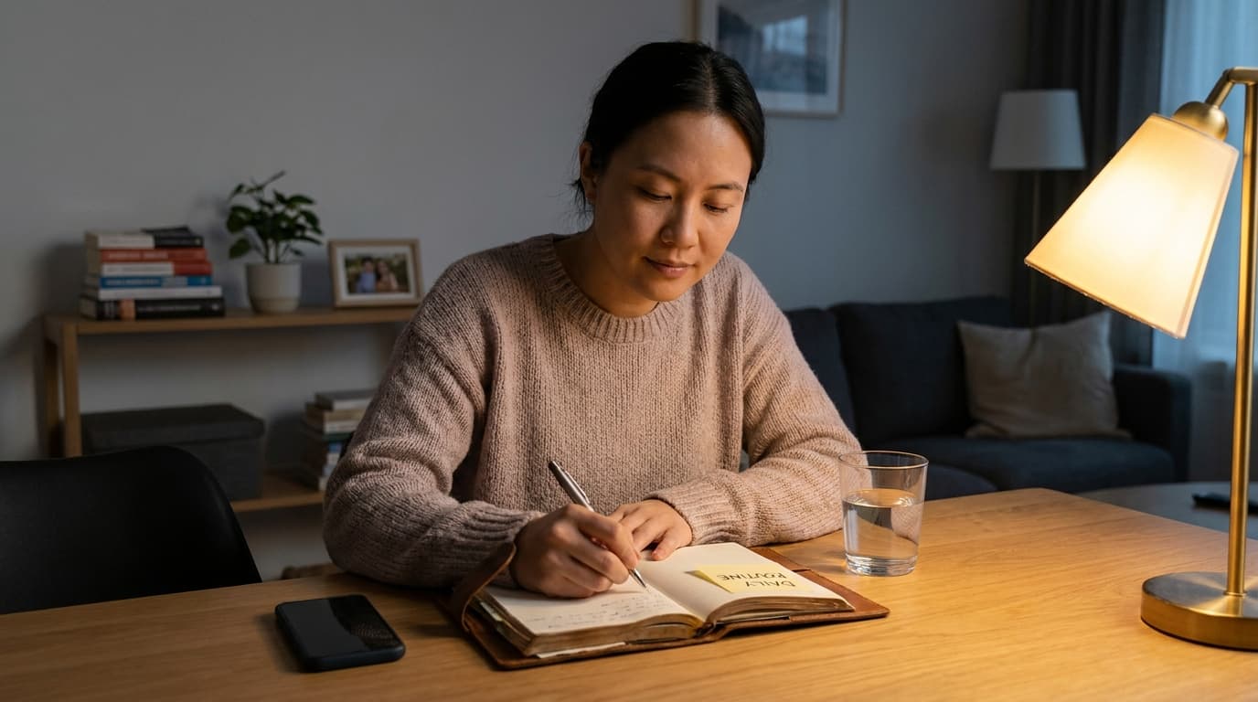 person in recovery using a support plan journal during a quiet calm evening at home