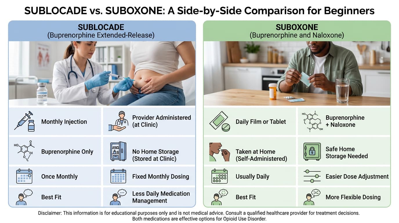 sublocade vs suboxone infographic comparing dosing use storage and treatment differences