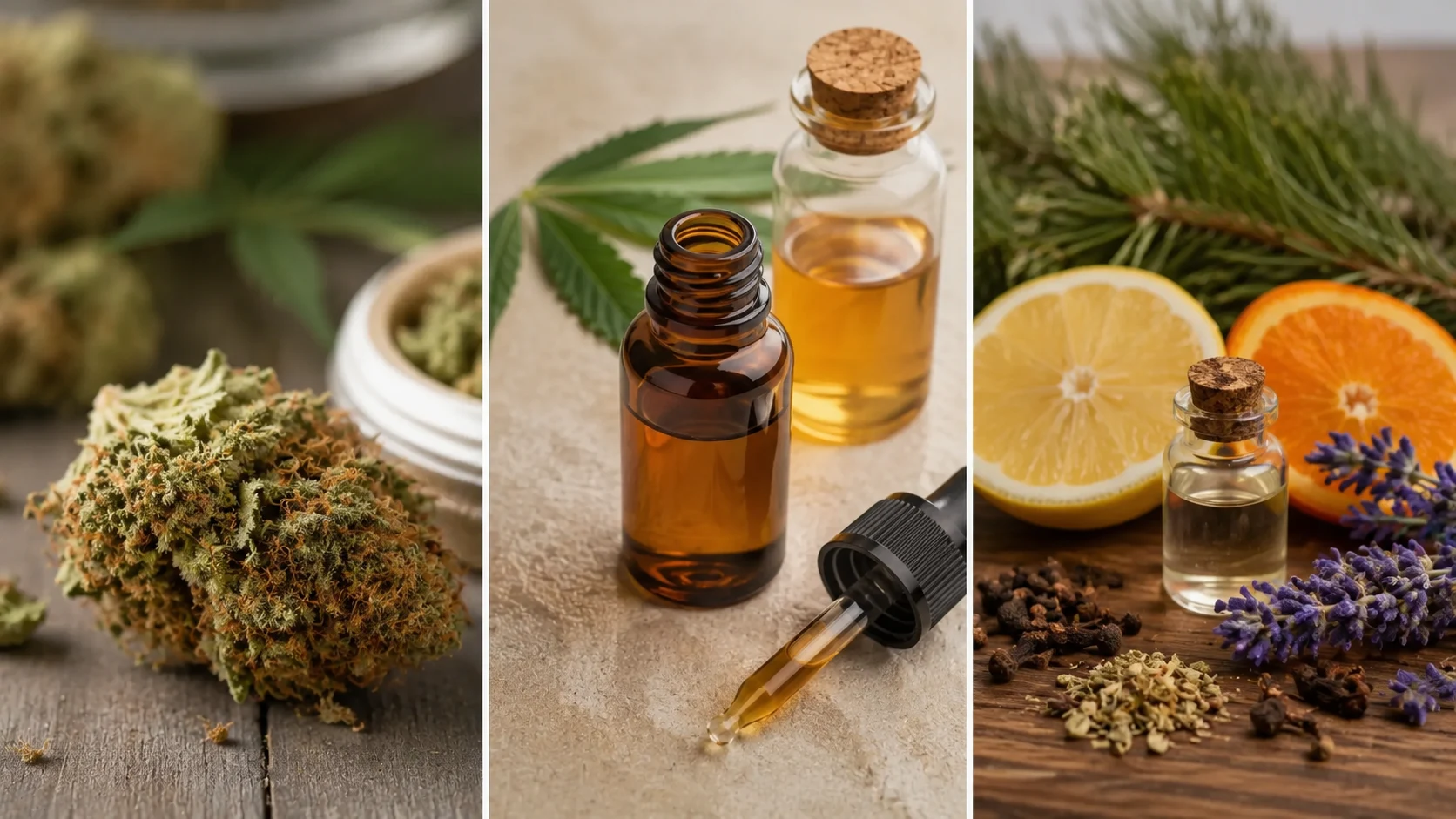 three split image shows cannabis flower, cbd oil bottles, and terpene ingredients like citrus, lavender, and spices