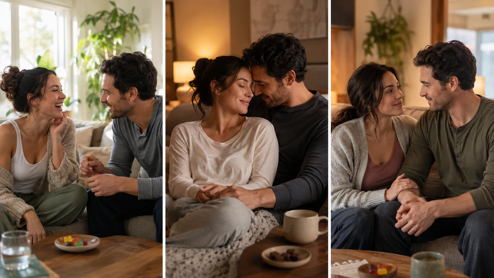 three split image shows couple in playful, cozy, and calm moments at home, suggesting energetic, relaxing, and intimacy
