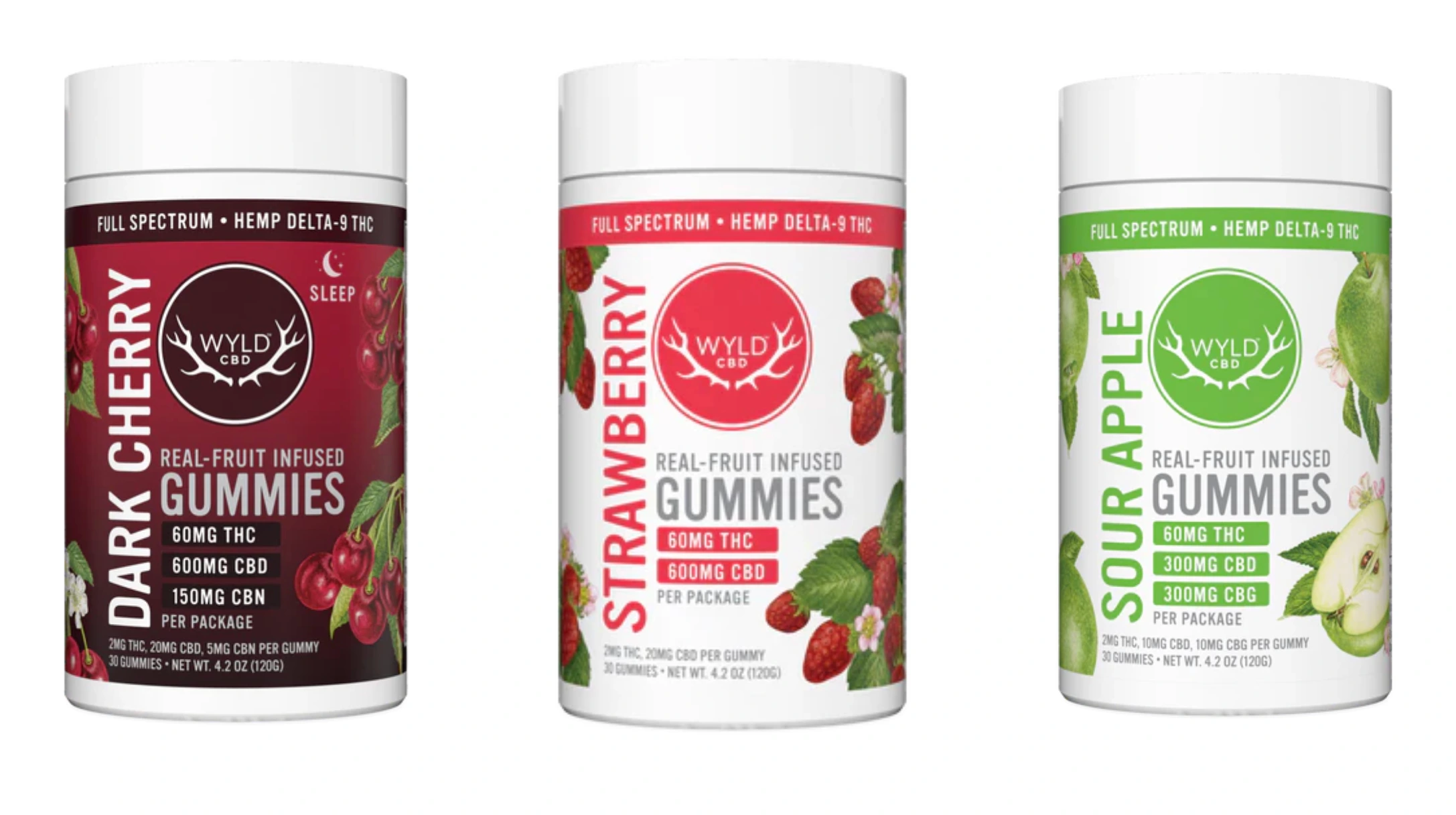 three wyld cbd gummy bottles in dark cherry, strawberry, and sour apple flavors for nerve pain and neuropathy support
