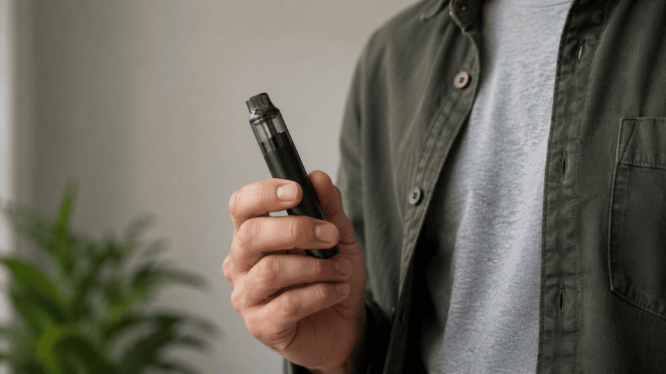 adult holding a tobacco vape in hand with clean neutral background for a tobacco vape guide