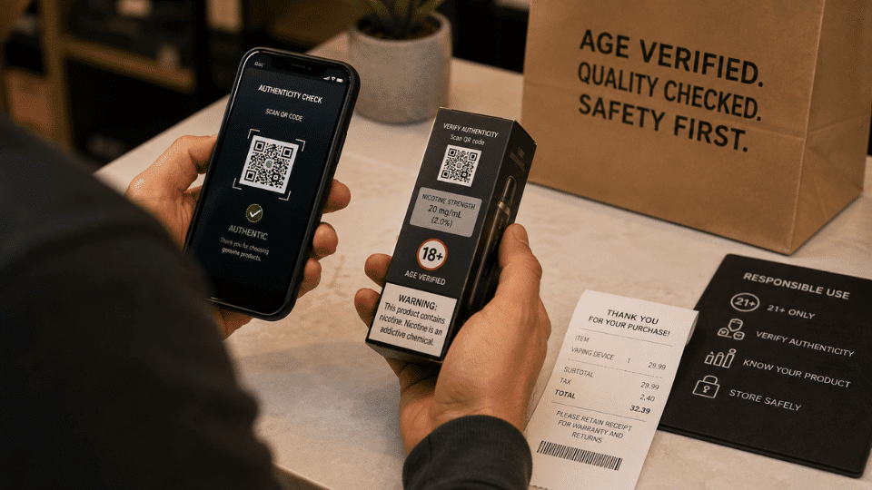 tobacco vape safety image with qr code packaging nicotine label and verified retailer checklist