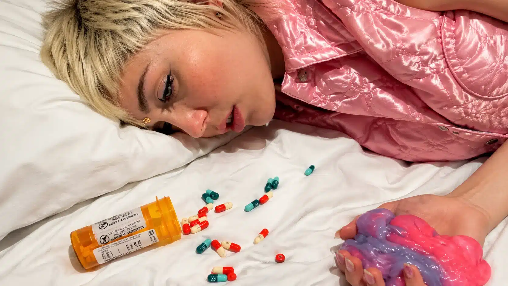 top-angle close-up of blonde woman in pink shirt lying on white bed beside scattered pills, bottle, and colorful slime
