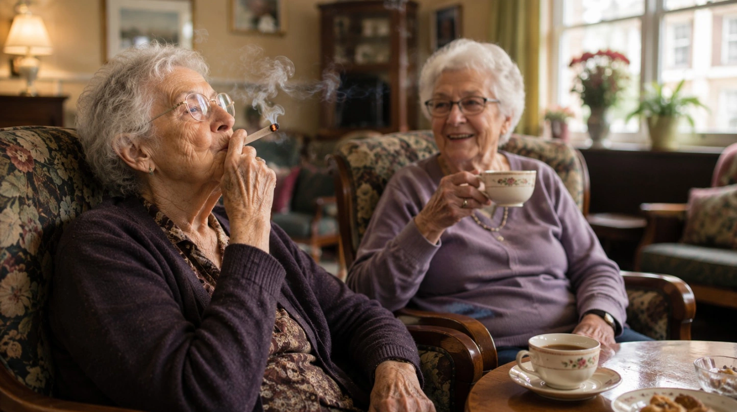 two elderly women sit in a cozy lounge, one smoking a joint while her friend drinks tea and smiles