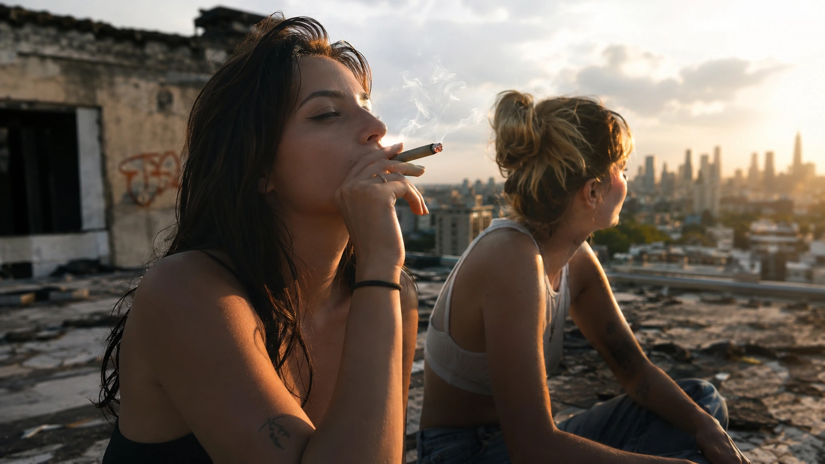 two women share a rooftop smoke at sunset, one holding a lit joint, city skyline behind, relaxed euphoric mood together