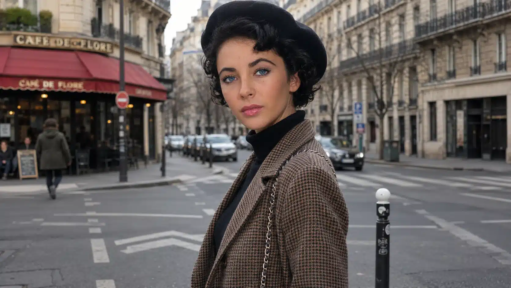 woman in black beret posing on a paris street in a checked coat, with café and stone buildings behind her