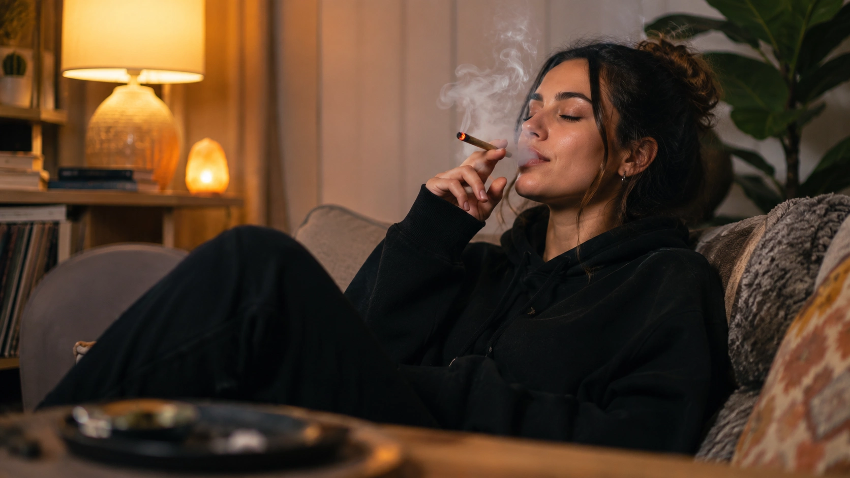 woman smoking a cannabis joint in a warm living room, showing relaxed body effects, calm mood, and evening comfort