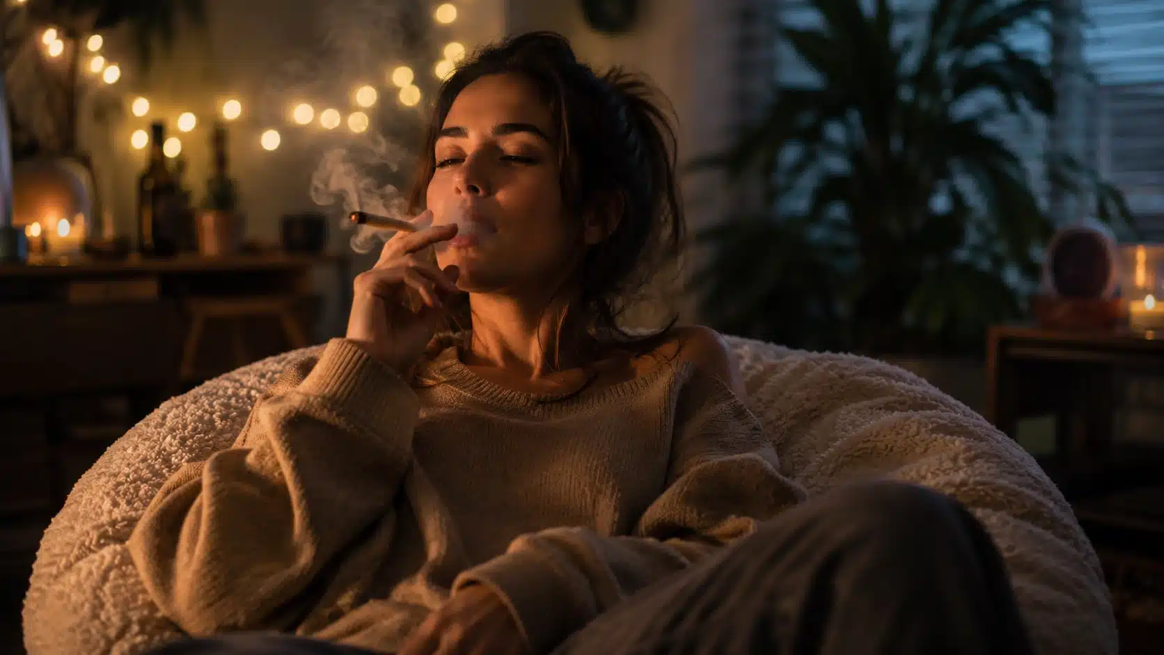woman smoking a joint in a cozy room, relaxed and sleepy, with warm lights, smoke haze, and calm evening mood