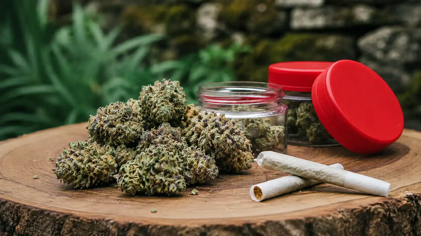 zoap cannabis buds on a wooden surface with rolled joints, glass jars, red lids, and soft garden background