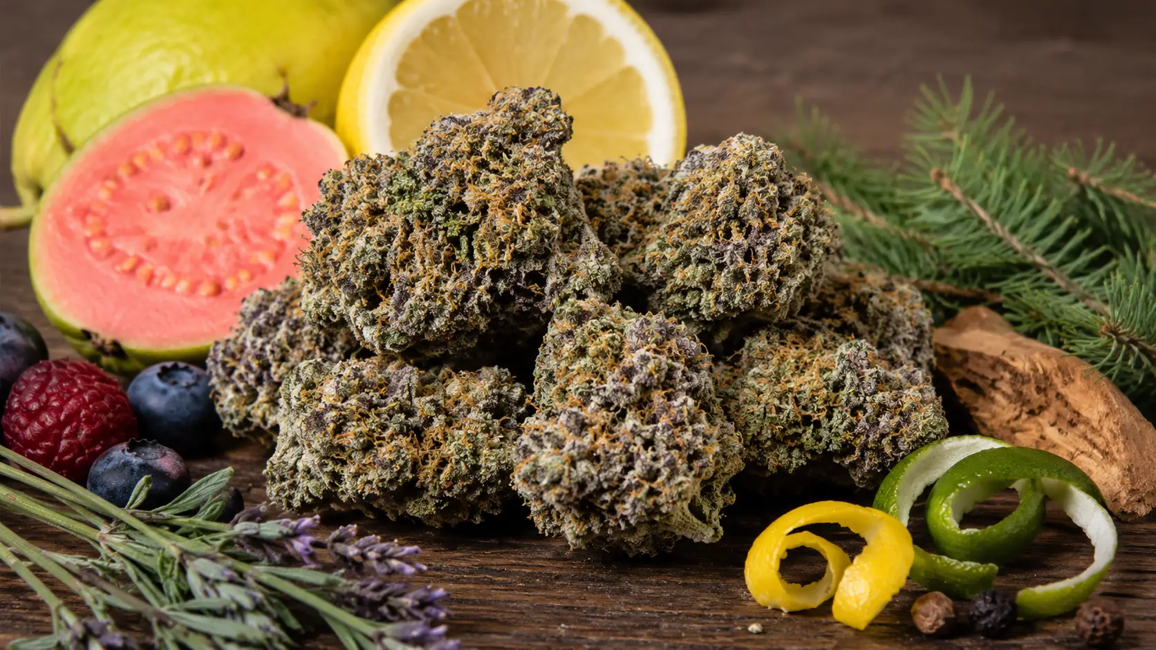 zoap cannabis buds with guava, citrus, berries, lavender, pine, and spices on a rustic wooden surface in natural light