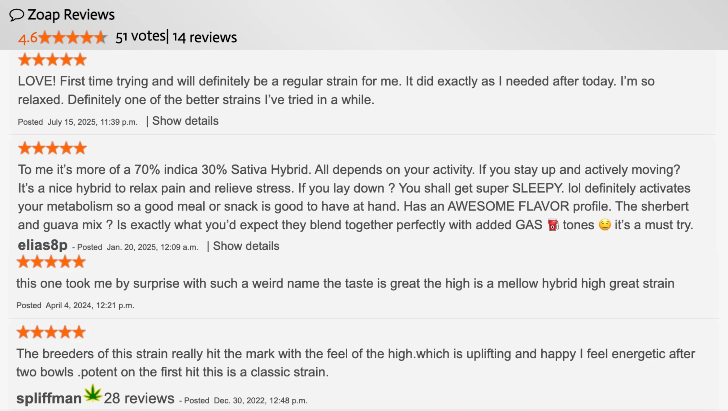 zoap reviews show 4.6 rating, relaxed effects, sleepy indica feel, guava flavor, gas tones, potency, and happy mood