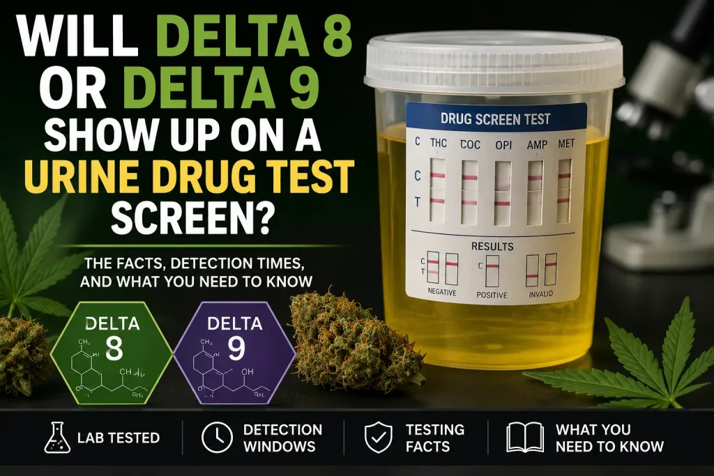 Urine drug test container with cannabis leaves and buds on table in laboratory setting