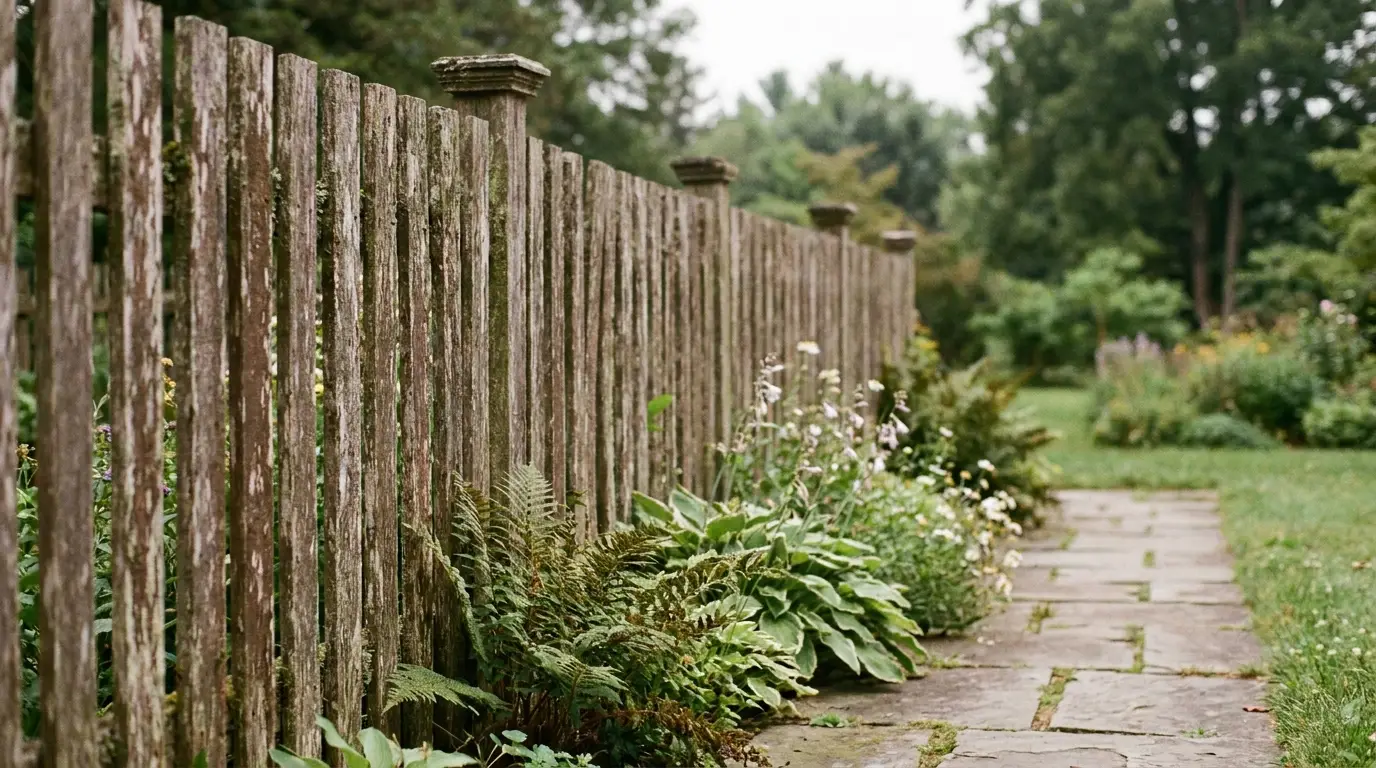 Wooden garden fence with lush green plants on stone pathway in outdoor setting