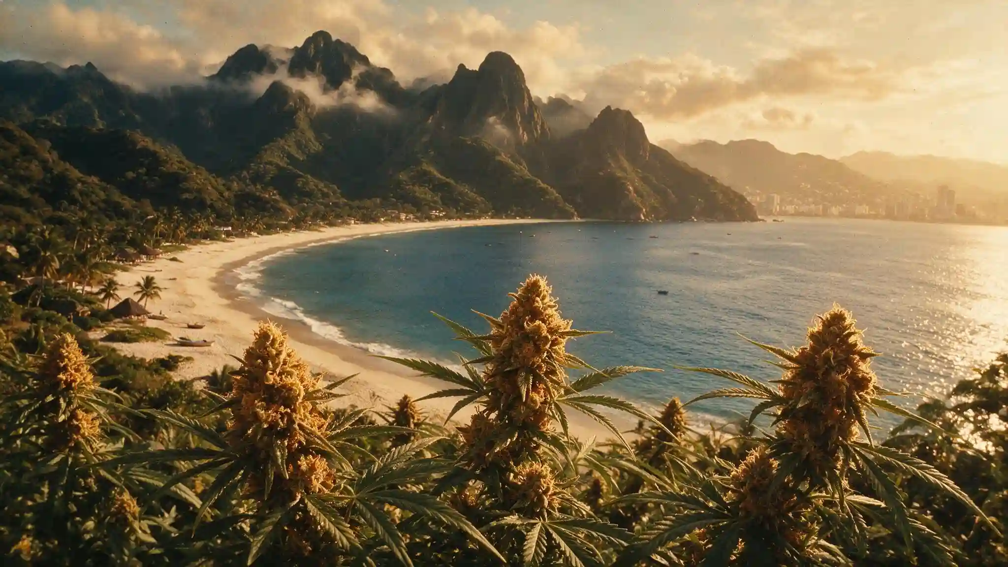 golden cannabis flower overlooking acapulco bay and the mountains of guerrero mexico at sunset