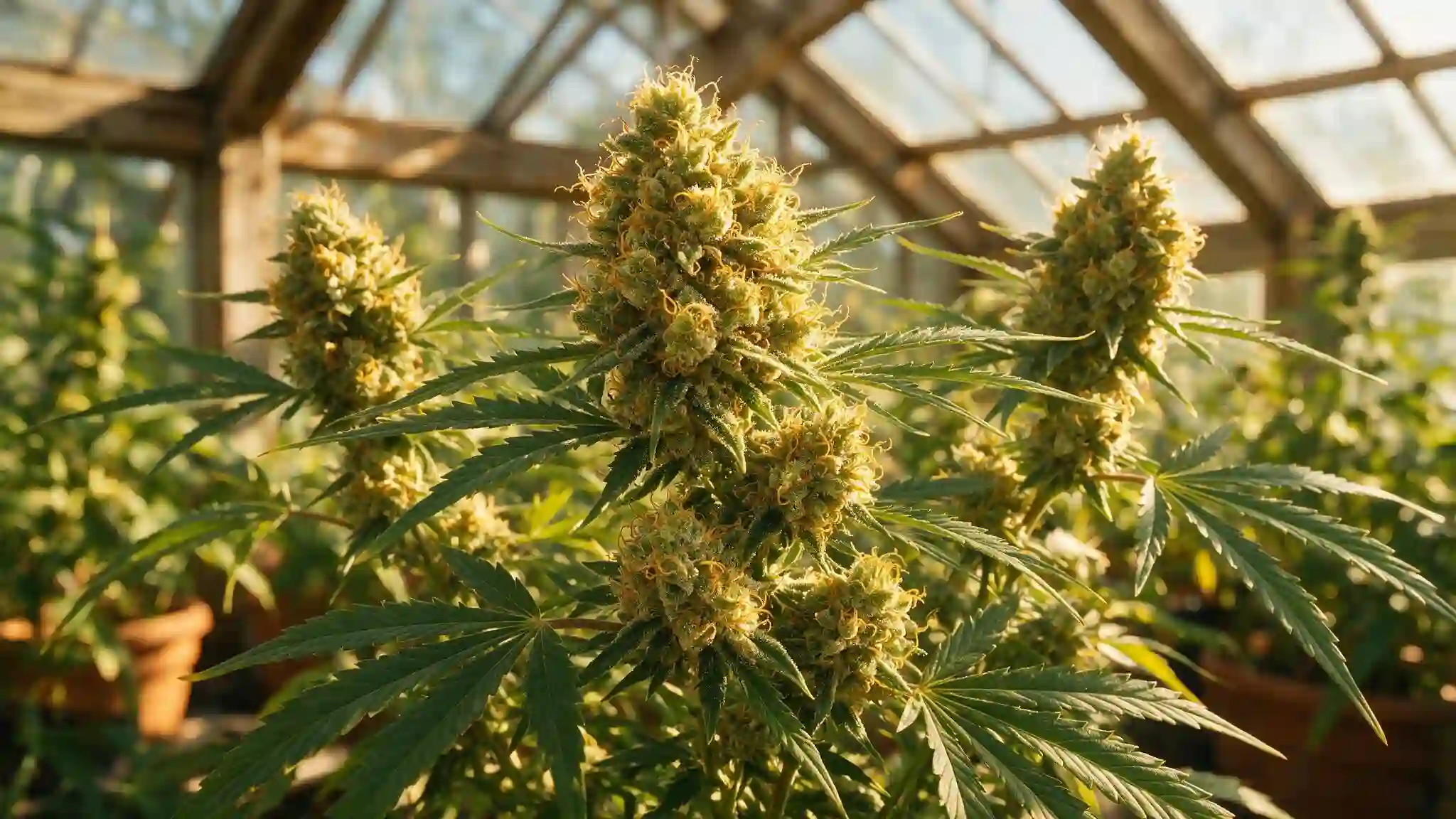golden acapulco gold cannabis buds with narrow leaves suggesting its traditional sativa classification