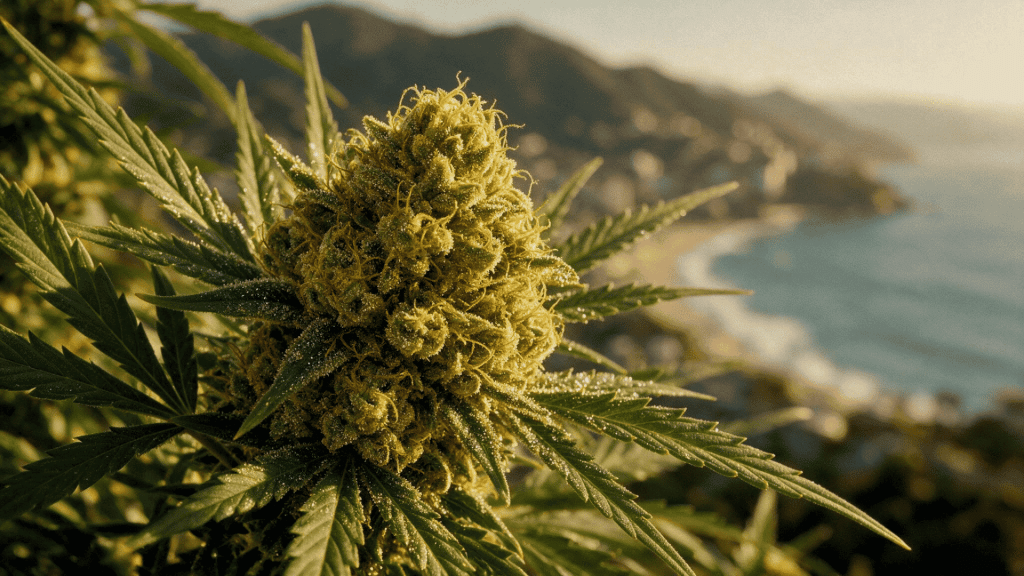 golden acapulco gold cannabis flower overlooking the sunlit coastline and mountains of acapulco mexico