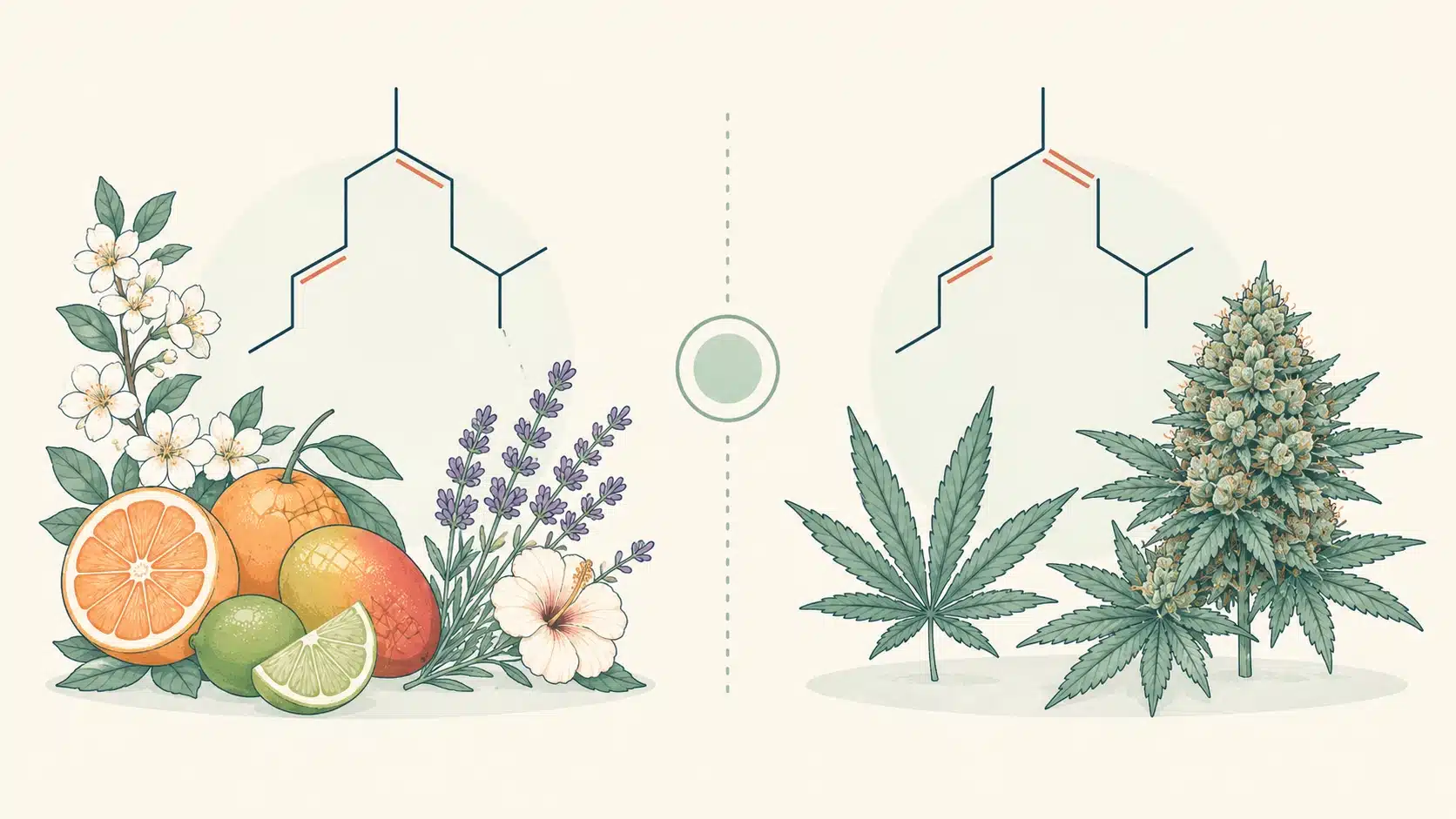 alpha and beta ocimene molecular structures beside fruits flowers and cannabis plants in a side by side comparison