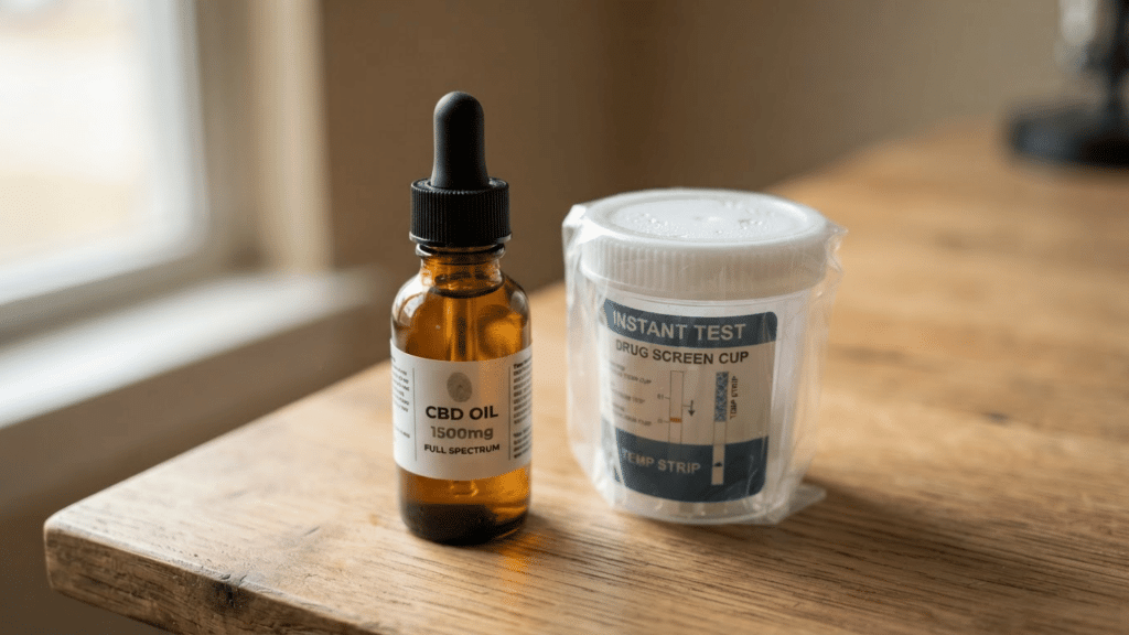 amber glass cbd oil dropper bottle next to a sealed urine drug test cup on a wooden desk