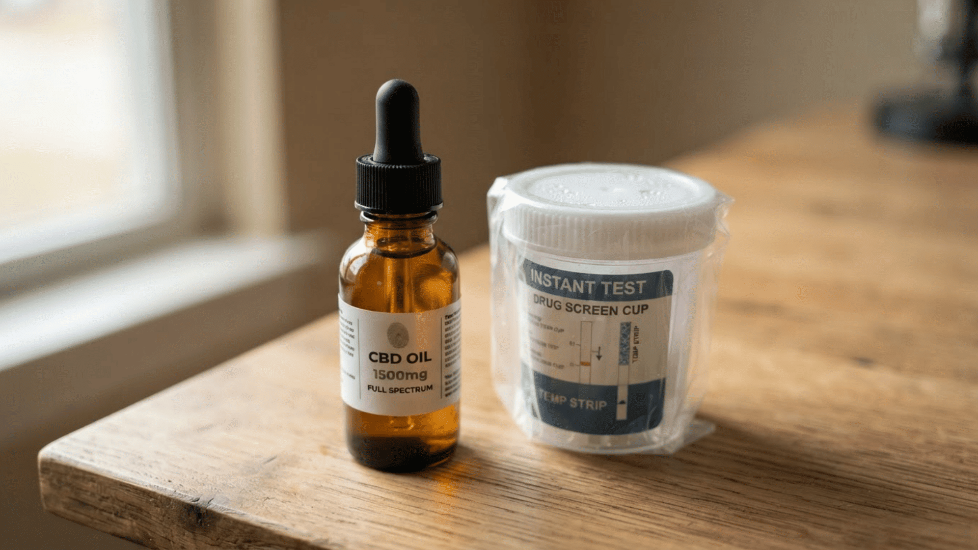 amber glass cbd oil dropper bottle next to a sealed urine drug test cup on a wooden desk