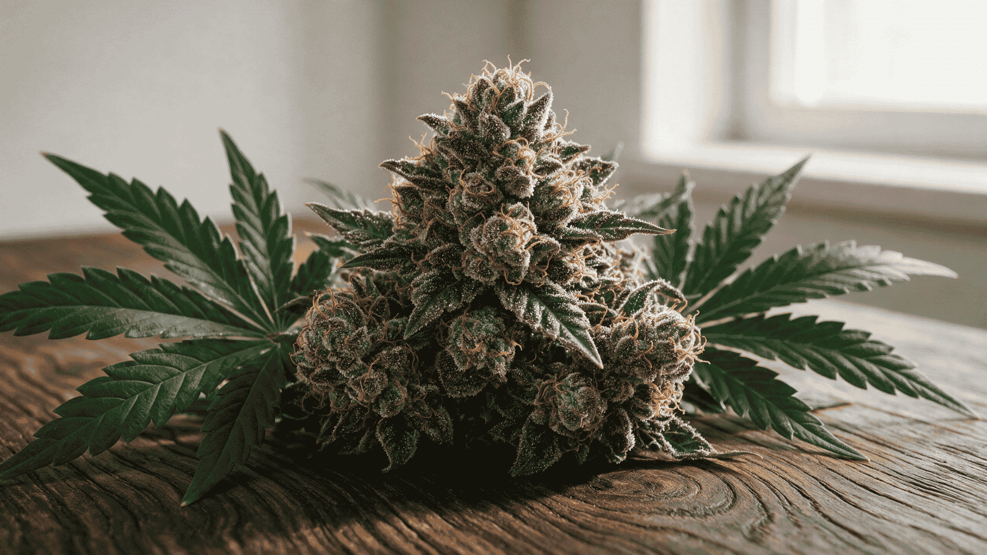 dense apples and bananas strain buds with purple tones orange pistils and frosty trichomes on dark wood