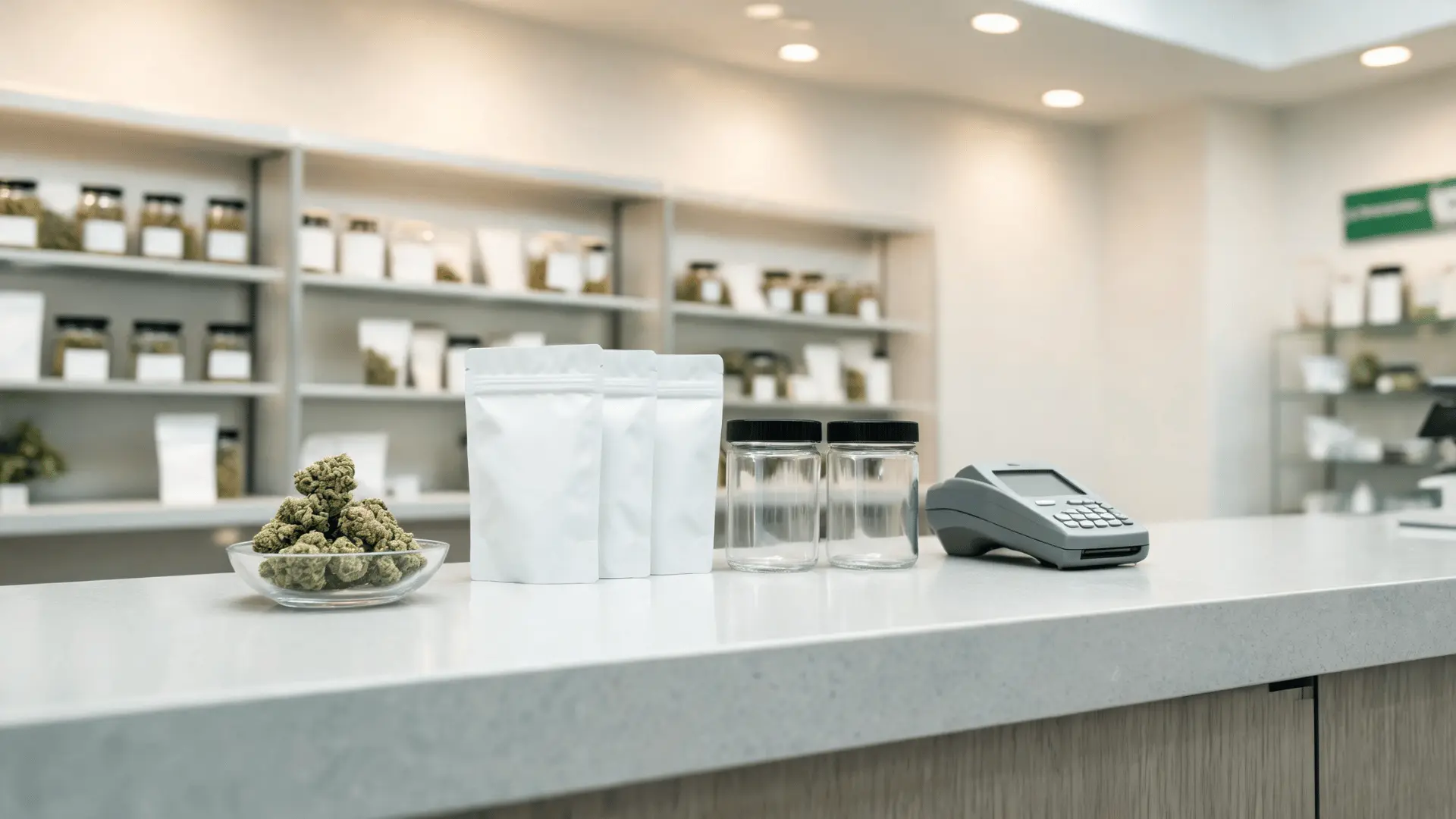 cannabis products displayed on a clean dispensary counter