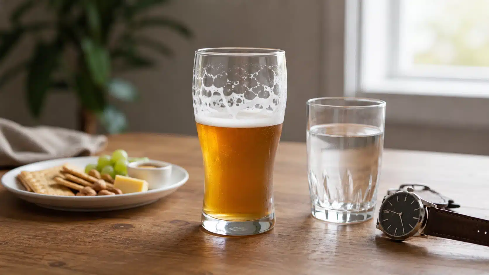 beer glass with water, snacks, and wristwatch on a wooden table near a bright window